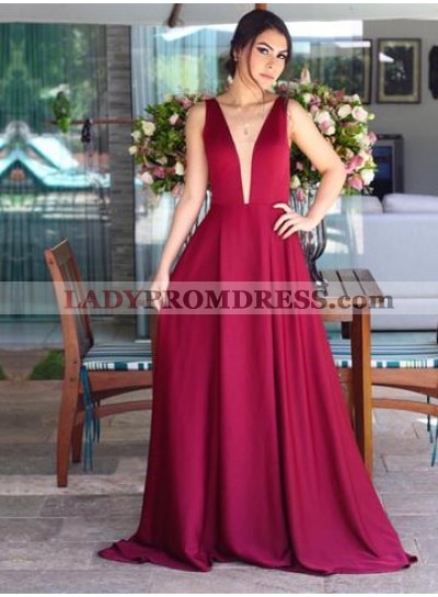 Cheap A Line Satin Burgundy V Neck Backless Long 2023 Prom Dresses