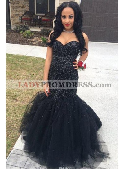 2022 Sexy Black Mermaid Tulle Sweetheart Beaded Lace Up Back Prom Dresses