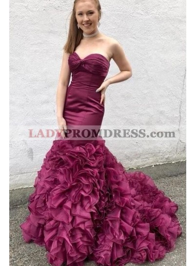 Amazing Mermaid Sweetheart Ruffles Organza Long Train Grape Prom Dresses 2023