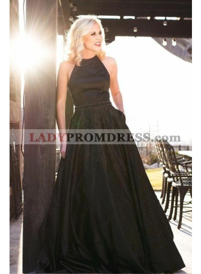 2023 Cheap A Line Black Halter Backless Satin Beaded Long Prom Dresses