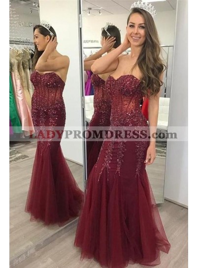 2023 Charming Mermaid Sweetheart Tulle Burgundy Lace Up Back Appliques Prom Dresses