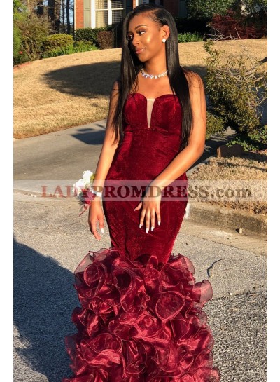 Sexy Mermaid Burgundy Sweetheart Velvet Organza Strapless African American Prom Dresses 2023