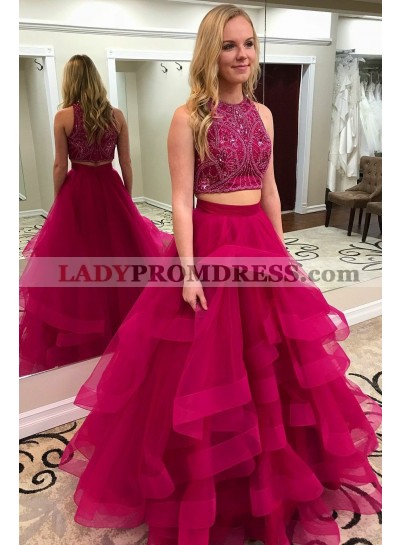 2023 New Arrival A Line Tulle Beaded Tulle Two Pieces Ruffles Fuchsia Prom Dresses