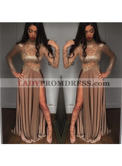 Sexy A Line Elastic Satin Champagne Long Sleeves See Through High Neck Side Slit Long Prom Dresses 2023