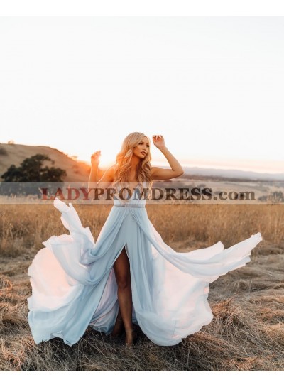 2022 Cheap A Line Chiffon Light Sky Blue Sweetheart Beaded Side Slit Prom Dresses