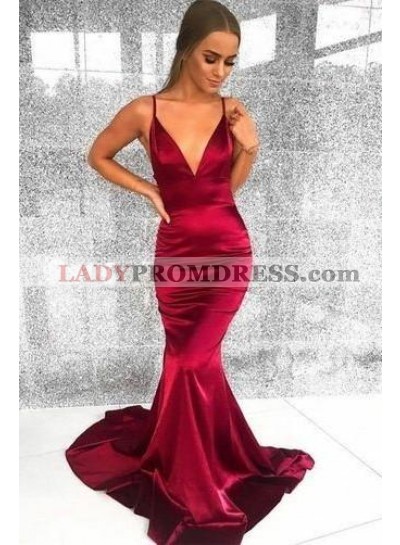 Sexy Burgundy Elastic Satin Mermaid V Neck Backess Prom Dresses 2023