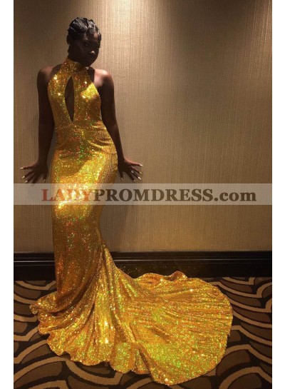 Amazing Mermaid Gold Key Hole High Neck Backless African American Long 2022 Prom Dresses