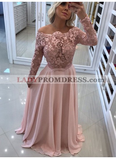 2023 Elegant A Line Long Sleeves Chiffon Blushing Pink Backless Lace Prom Dresses