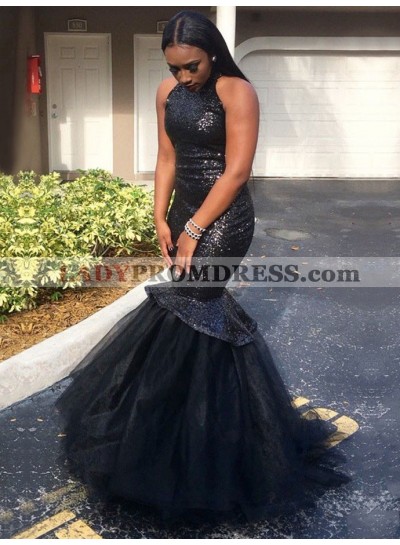 2023 Mermaid Black Sleeveless Tulle Sequence Backless African American Long Prom Dresses