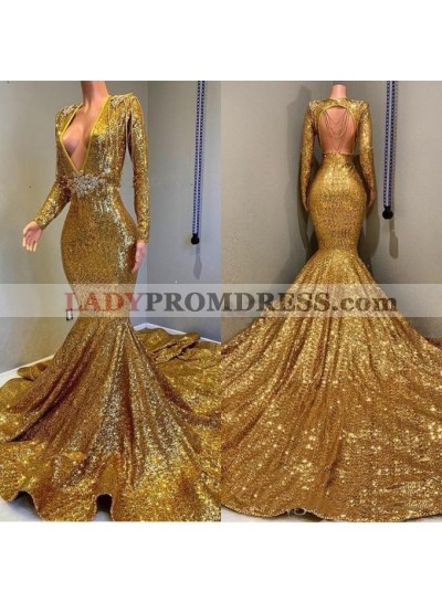 2023 Sexy Mermaid Gold V Neck Backless Long Sleeves Sequence African American Prom Dresses