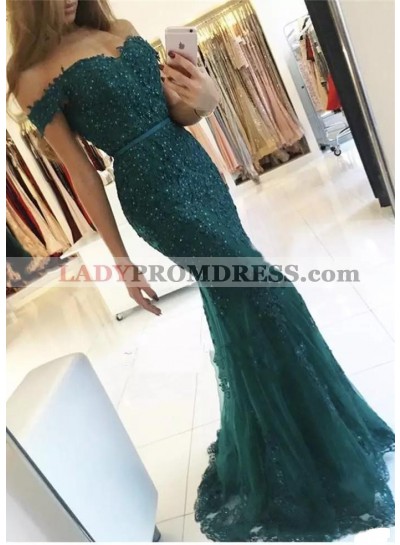 2023 New Arrival Dark Green Off Shoulder Short Sleeves Sweetheart Tulle Mermaid Appliques Prom Dresses
