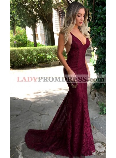 Sexy Burgundy Mermaid V Neck Backless Lace Prom Dresses 2023 
