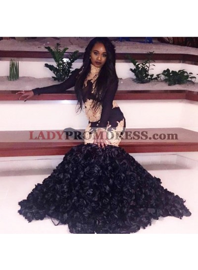 2023 Black and Gold Appliques Mermaid High Neck Ruffles Pleated African American Prom Dresses