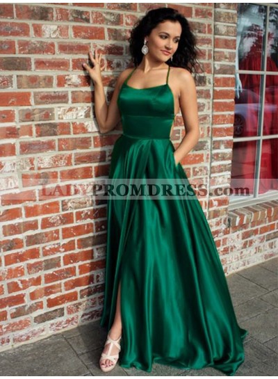 Newly A Line Elastic Stain Side Slit Hunter Halter Lace Up Back Halter Prom Dresses 2023