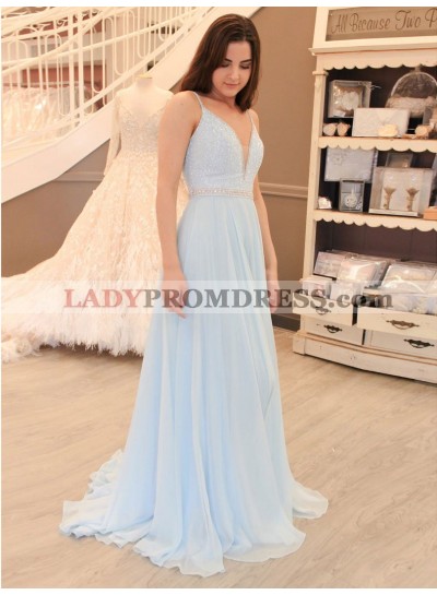 2023 Elegant A Line V Neck Light Sky Blue Chiffon Beaded Prom Dresses