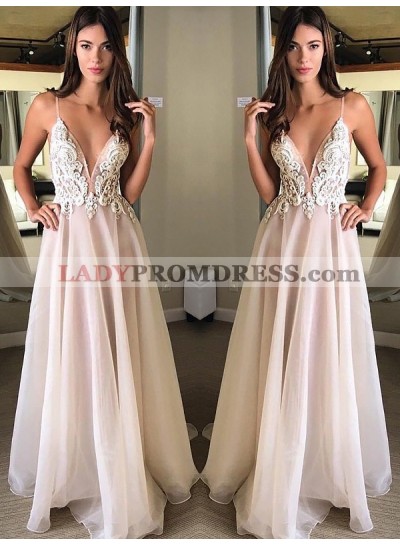 Cheap A Line Chiffon Pearl Pink Deep V Neck Backless Appliques 2022 Prom Dresses