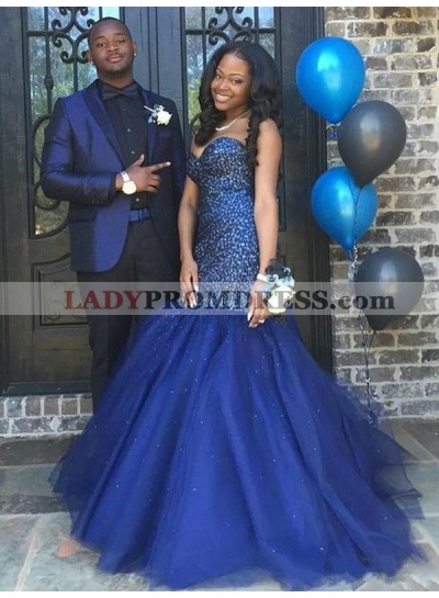 Sexy Sweetheart Tulle Beaded Royal Blue 2023 Mermaid Lace Up Back Prom Dresses