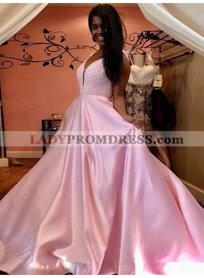 Cheap A Line Satin Pink V Neck Long Backless Prom Dresses 2022