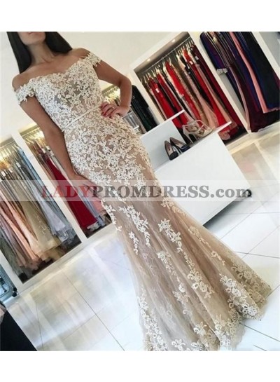 Amazing Mermaid Off Shoulder Sweetheart Tulle Champagne and White Appliques Long Prom Dress 2023