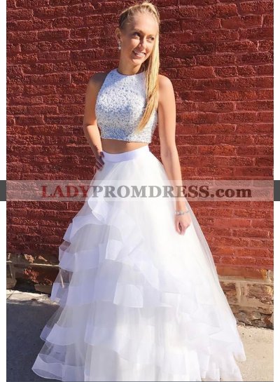2023 New Arrival A Line White Tulle Ruffles Two Pieces Beaded Prom Dress