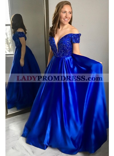 New Arrival A Line Elastic Satin Royal Blue Off Shoulder Sweetheart Bead 2023 Prom Dress