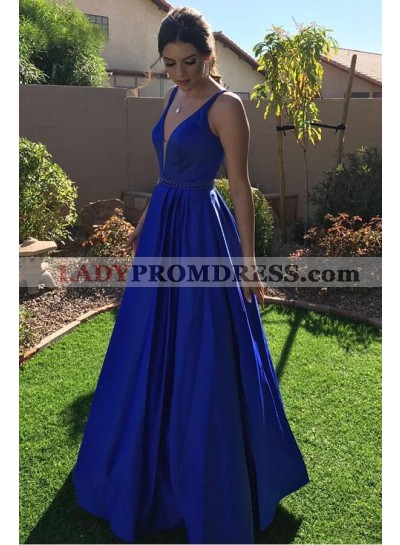 2023 Elegant A Line Satin Royal Blue V Neck Long Prom Dress