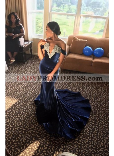 Charming Off Shoulder Mermaid Dark Navy Velvet Deep V Neck Long Prom Dress 2023