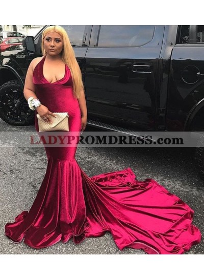 Amazing Mermaid Halter Velvet Red V Neck Plus Size Prom Dress