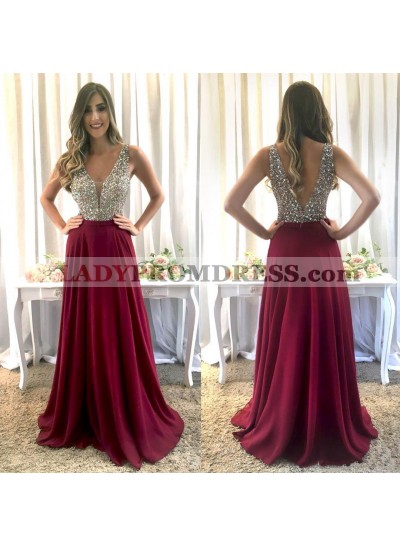 Elegant A Line V Neck Beaded Backless Burgundy Spandex 2023 Prom Dress