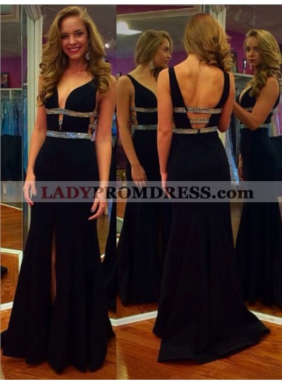 2022 Charming Black Sheath Side Slit Beaded Sweetheart Backless Prom Dress 