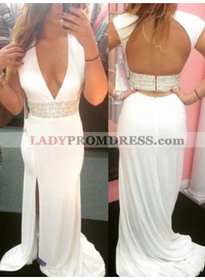 Amazing White Sheath V Neck Side Slit Backless Long Prom Dress 2023 