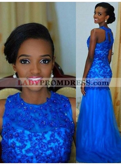 2023 Amazing Royal Blue Mermaid Tulle and Appliques African American Long Prom Dress