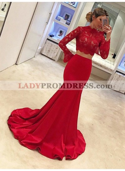 2023 New Arrival Mermaid Red Long Sleeves Lace Two Pieces Satin Prom Dress