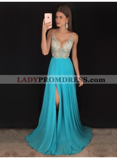2023 New Arrival A Line Chiffon Side Slit Beaded V Neck Beaded Blue Prom Dress