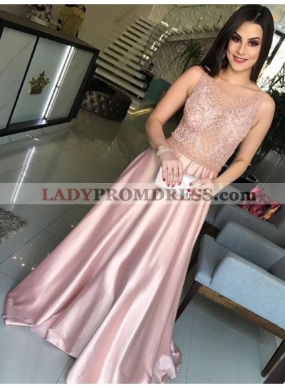 2023 New Designer Elastic Satin A Line Pink See Through Beaded Prom Dress
