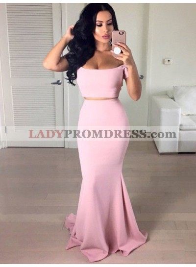 Charming Mermaid Satin Blush Pink Two Pieces Off Shoulder Prom Dress 