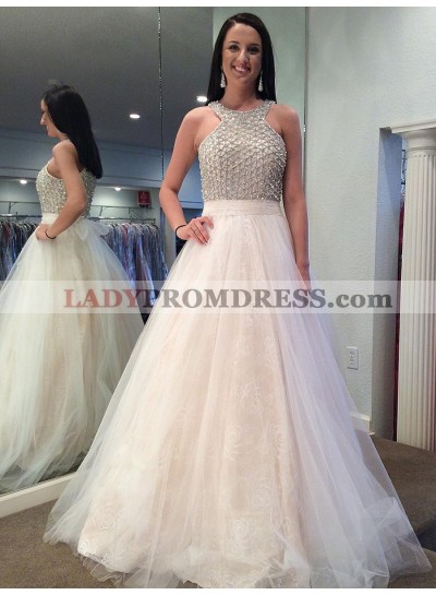 2023 New Arrival Tulle A Line White Halter Beaded Prom Dress