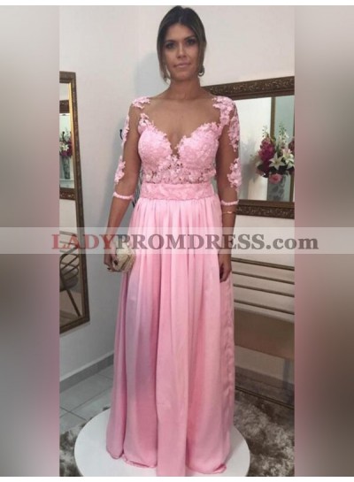 Cheap A Line Satin Pink Long Sleeves See Through Sweetheart Prom Dress 2023