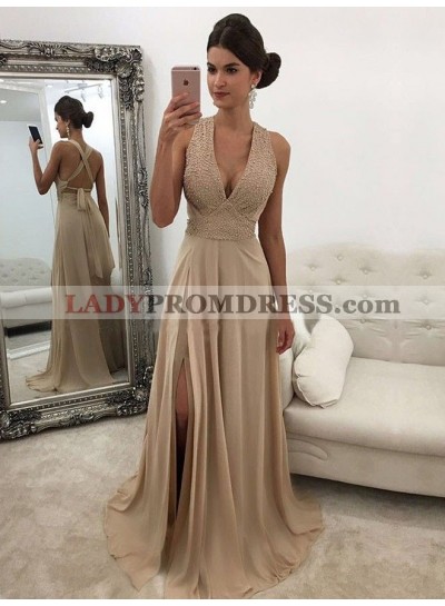 Cheap Chiffon A Line Side Slit Champagne Halter Lace Up Back V Neck Prom Dress