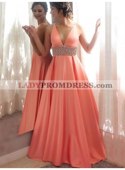 Elegant A Line Satin Coral V Neck Beaded Sash Prom Dress 2023