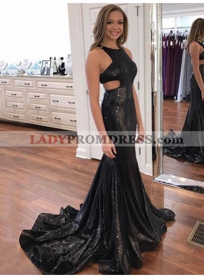 Sexy Black Mermaid Halter Backless Long Train Hollow Out Sequence Prom Dress 2023 