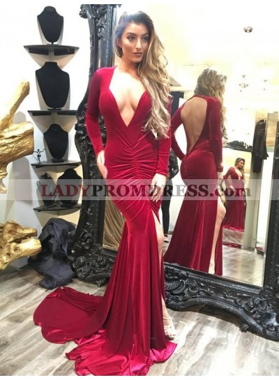 Sexy Red Deep V Long Sleeves Mermaid Side Slit Velvet Backless Prom Dress 2023 