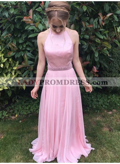 Cheap A Line Chiffon Pink Halter Beaded Sash Prom Dress 2023