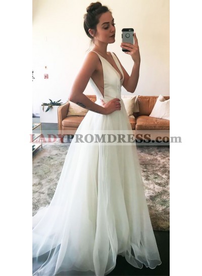 Cheap A Line White Deep V Neck Chiffon Long Prom Dress 2023