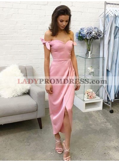 2023 Charming Pink Sheath Off Shoulder Sweetheart Bowknot Tea Length Short Prom Dress