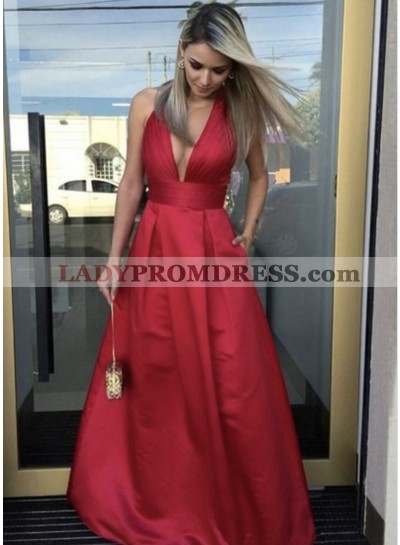 Cheap A Line Red V Neck 2023 Red Satin Prom Dress With Pockets 