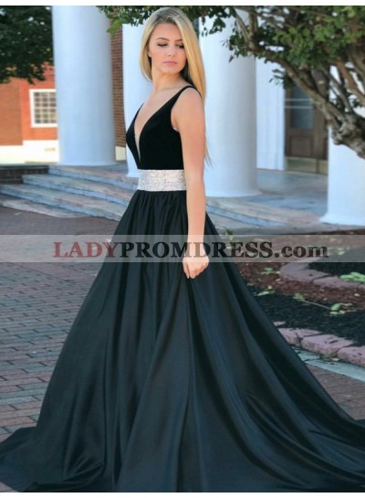 2023 New Arrival A Line Satin Deep V Neck Black Silver Sash Prom Dress