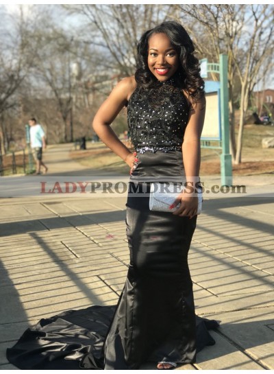 2023 New Designer Sheath Black High Neck Lace Elastic Satin Long Backless Prom Dress