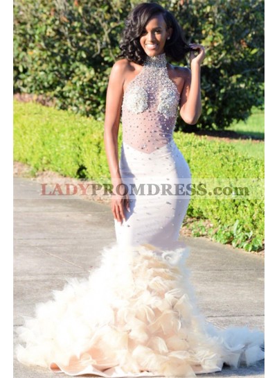 Amazing Ivory Mermaid High Neck See Through Ruffles Backless Pleated African American Prom Dress 