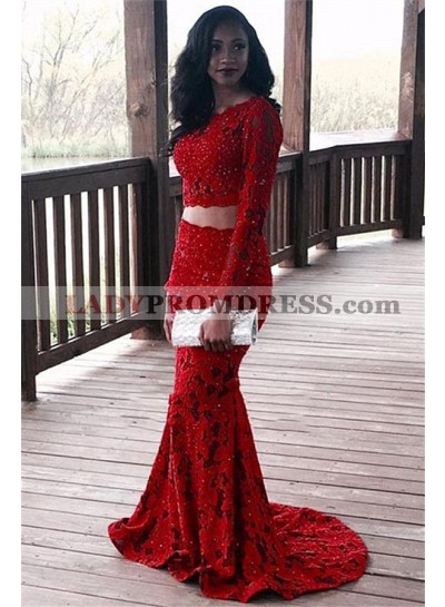 Charming Red Mermaid Long Sleeves Two Pieces Lace Prom Dress 2023